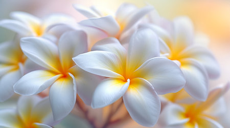 Background pattern close up of white and yellow frangipani flowers.の素材