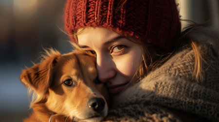 A woman wearing a red hat and a red coat is holding a dog. The woman and the dog are both smiling, and the scene has a warm and friendly atmosphere.の素材