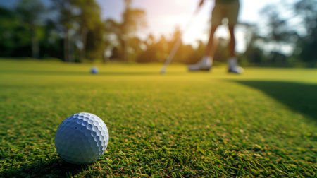 Golf player at the green field, on the ground and golf ball from tee box.の素材