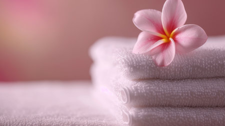 Frangipani flower on white towel, a close-up of a delicate, pink plumeria flower with soft petals, resting gently on a white, textured surface.の素材