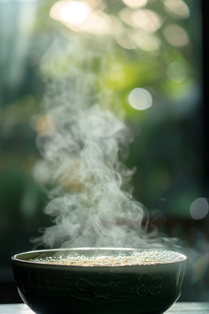Close-up details of steam rising from an herbal infusion in a spa. Aromatic herbs, and the comforting warmth, capturing the sensory beauty of herbal steam rituals.の素材