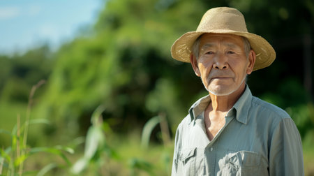 Retired older man with straw hat standing in the green countryside, in the style of melds mexican and american cultures.の素材