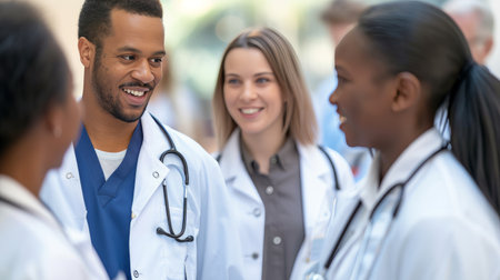 A diverse medical team from around the world working together in a hospital setting. Doctors of different ethnicities, genders, and ages, concept of inclusive nature of healthcare.の素材