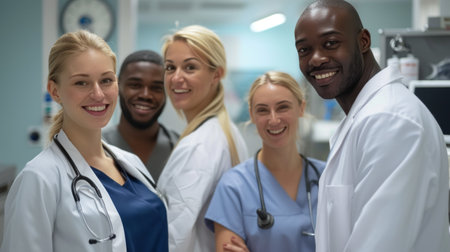 A diverse medical team from around the world working together in a hospital setting. Doctors of different ethnicities, genders, and ages, concept of inclusive nature of healthcare.の素材