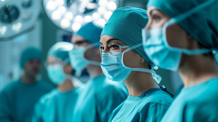 Diverse surgical team in an operating room, different roles, specialties, and cultural backgrounds, collaborative and precise nature of surgical procedures.の素材
