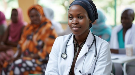 African woman in a white medical lab coat sits in a classroom. Female doctor wearing a head scarf, diversity in medicine conceptの素材