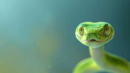 Mesmerizing green snake with piercing yellow eyes, showing smooth scales in a close-up shot. Captures the essence of wildlife and natureの素材