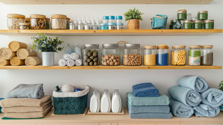 Wooden shelves holding a variety of reusable and sustainable items including reusable storage containers, towels, and cleaning suppliesの素材
