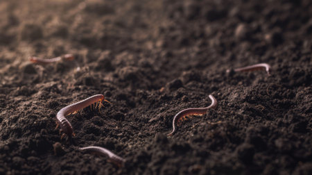 Diverse millipedes crawling through dark soil, showing intricate details in natural habitat. Evokes ecology and interconnectedness of living things in garden settingの素材