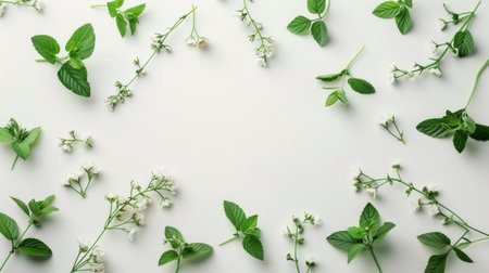 Floral composition made of mint leaves and white flowers, forming a frame on a white background with copy space in the centerの素材