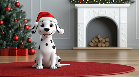 3d rendered Dalmatian dog wearing a santa hat is sitting on a red rug in a living room with a decorated fireplace and christmas treeの素材