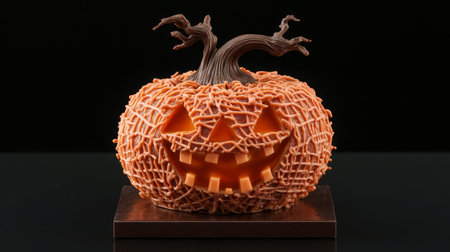 Festive pumpkin cake with intricate icing and homemade charm, ideal for Halloween gatherings, presented on a black backdropの素材