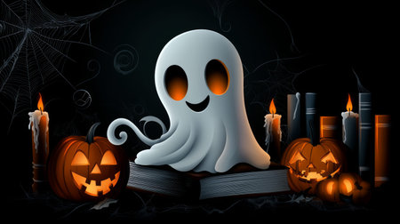 Adorable ghost is perched on top of books, grinning happily amidst Halloween pumpkins, candles, and spiderwebs against a mysterious dark backdropの素材