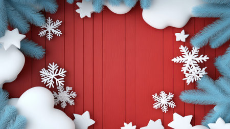 Christmas background featuring a snow covered red wooden surface with snowflakes and pine tree branches, providing ample copy spaceの素材