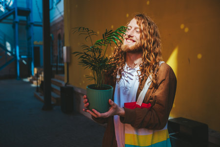 Happy man with long red hair holds a green plant in the city, enjoying the sunlight and colorful surroundings, radiating positivity and eco friendly vibesの写真素材