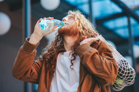 Young man with flowing red hair hydrates with water from a plastic bottle while carrying a reusable bag filled with fresh vegetables after grocery shoppingの写真素材