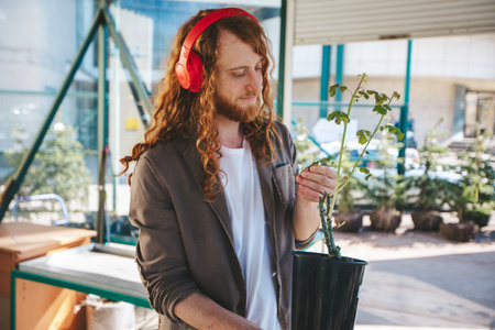 Young nursery worker with red hair happily choosing a rose plant at a garden center. Wearing headphones and enjoying music while working. Surrounded by flowers and plants in a greenhouseの写真素材