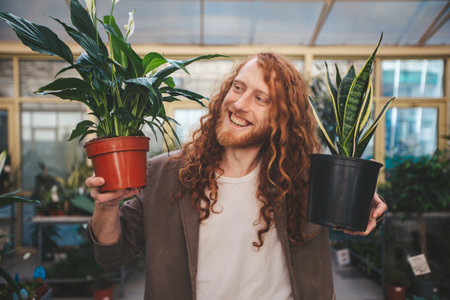 Happy gardener with red hair and a beard lovingly caring for potted plants in a vibrant greenhouse, demonstrating dedication and nurturing in his indoor sanctuaryの写真素材