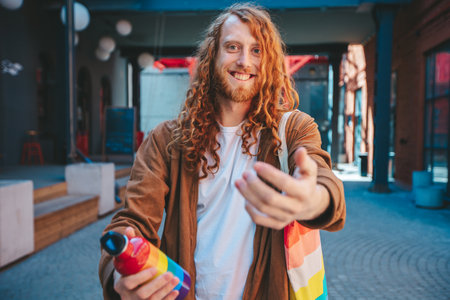 Confident young man with long red hair extends his hand for a handshake. Holding a reusable water bottle. Radiating happiness and pride in a vibrant city streetの写真素材