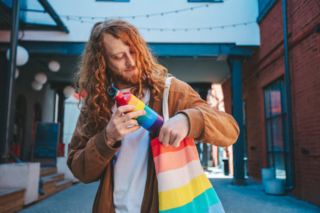 Man with long red hair puts a reusable water bottle in a rainbow bag outdoors, showing eco friendly lifestyle and support for equality and diversityの写真素材