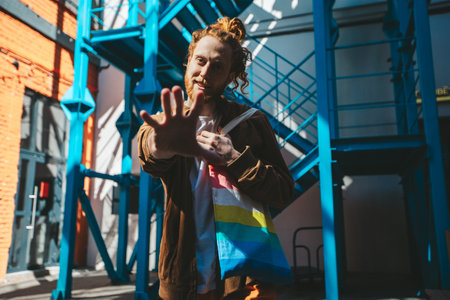 Young activist with dyed red hair and reusable shopping bag gesturing stop sign with his hand, fighting for climate changeの写真素材