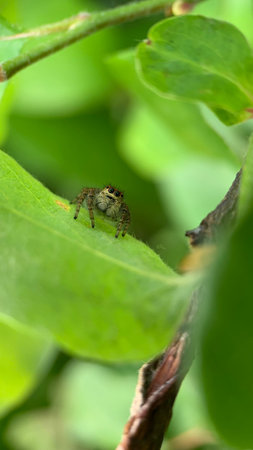 jumping spider on green leaf in the nature or in the garden