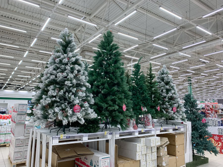 Russia, Krasnodar, November 25, 2023, showcase with artificial Christmas treesのeditorial素材