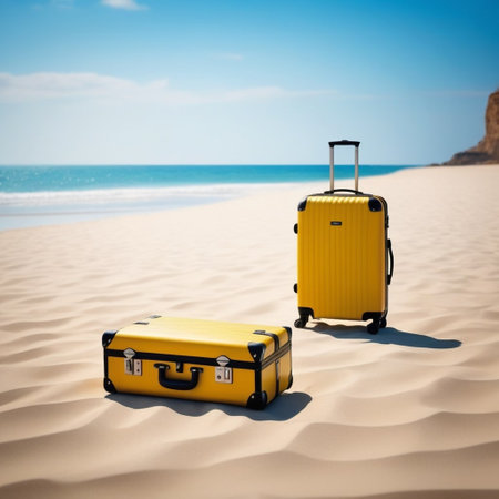 two yellow suitcases lie on the sand on the seashoreの素材
