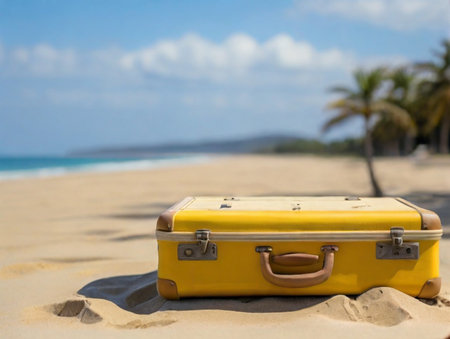 a yellow suitcase lies on the sand by the seaの素材