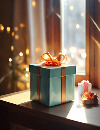 gift box stands on the table by the windowの素材