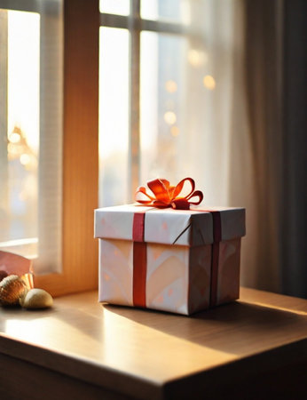 a white gift box stands on a table by the windowの素材