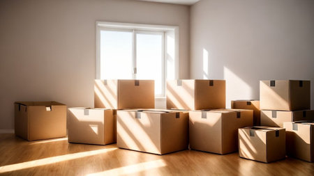 cardboard boxes in the corner of an empty room in the sunlightの素材