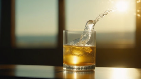 glass with a spilling drink against the background of a windowの素材