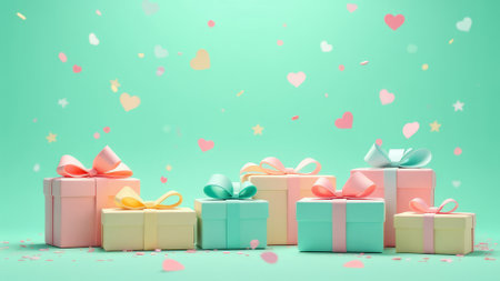 On a mint background there are gift boxes, confetti flies nearbyの素材