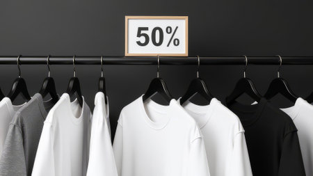 a bar on which sweatshirts hang on hangers, with 50% inscription on topの素材