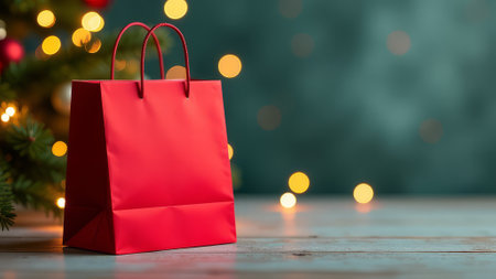 A red paper bag on the background of a Christmas tree. space for textの素材