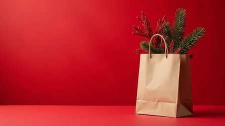 On a red background there is a paper bag with a Christmas tree branch insideの素材