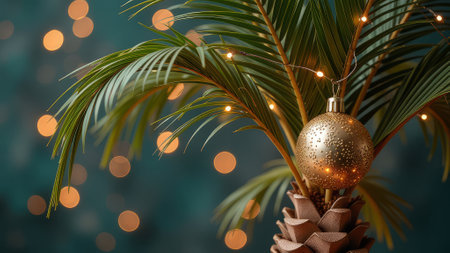 Golden Christmas Ball on Palm Tree Branchesの素材