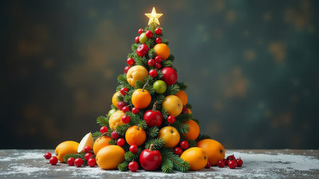 A Christmas tree decorated with vegetables, fruits and berriesの素材