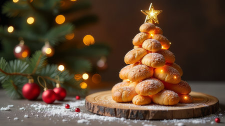 Christmas tree made of buns on a Christmas backgroundの素材