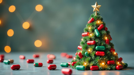 On a green background, a Christmas tree decorated with medical capsulesの素材