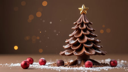 On a brown background, a Christmas tree made of chocolateの素材