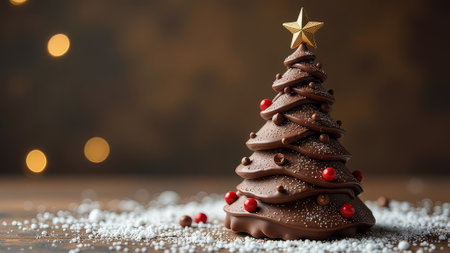 On a brown background, a Christmas tree made of chocolateの素材