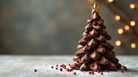 On a brown background, a Christmas tree made of chocolateの素材