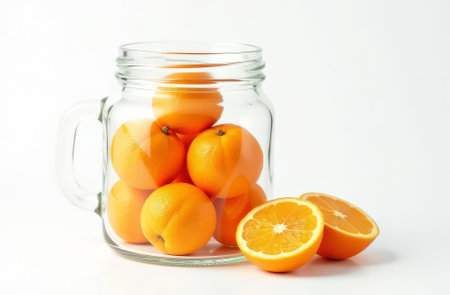 In a glass jar there are oranges, next to it there are two cut orange slicesの素材