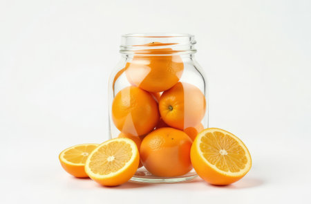 In a glass jar there are oranges, next to it there are two cut orange slicesの素材