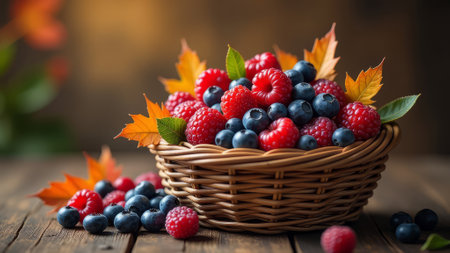 In a wicker basket there are raspberries, blueberries and maple leavesの素材