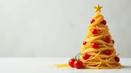 on a gray background there is a Christmas tree made of spaghetti with cherry tomatoesの素材