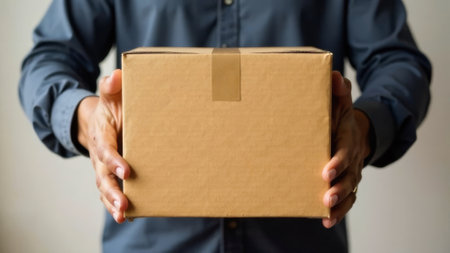 Close-up photo of male hands holding cardboard boxの素材