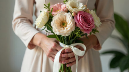 Close photo Female hands holding bouquet of flowersの素材